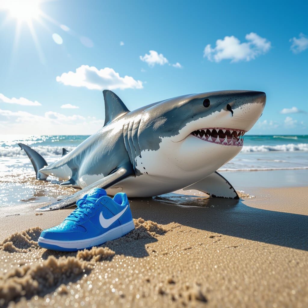 Great White Shark Wears Blue Nike Shoes on Sandy Shoreline