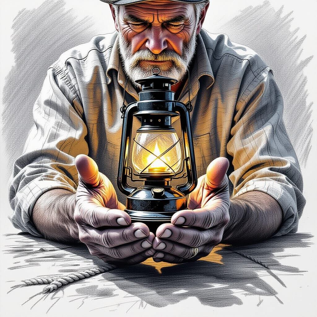 Detailed Pencil Sketch of Lighthouse Keeper's Hands