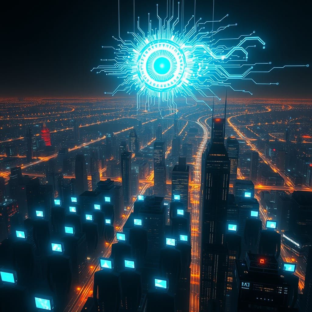 Cyberpunk AI Eye Watches Over Dystopian Cityscape