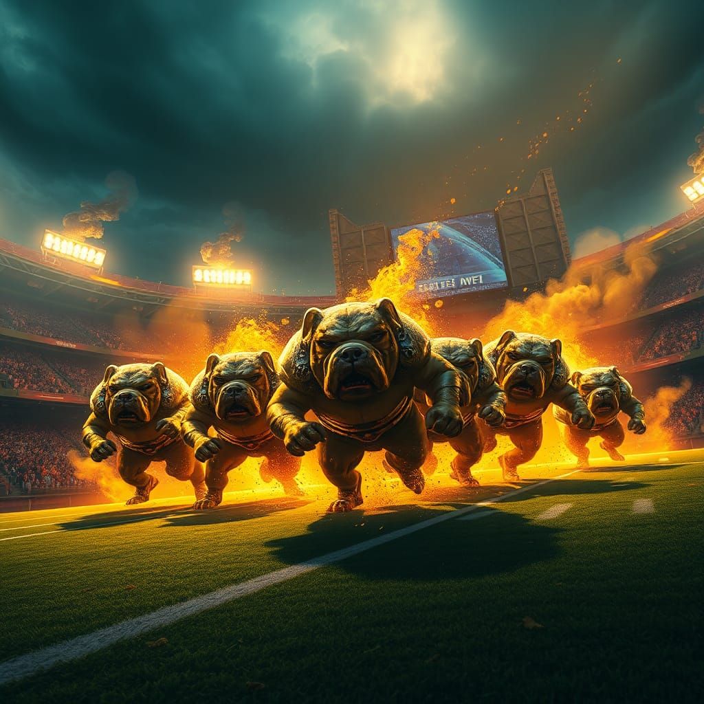 Armored Bulldogs Clash in Mythical Stadium Splash Art