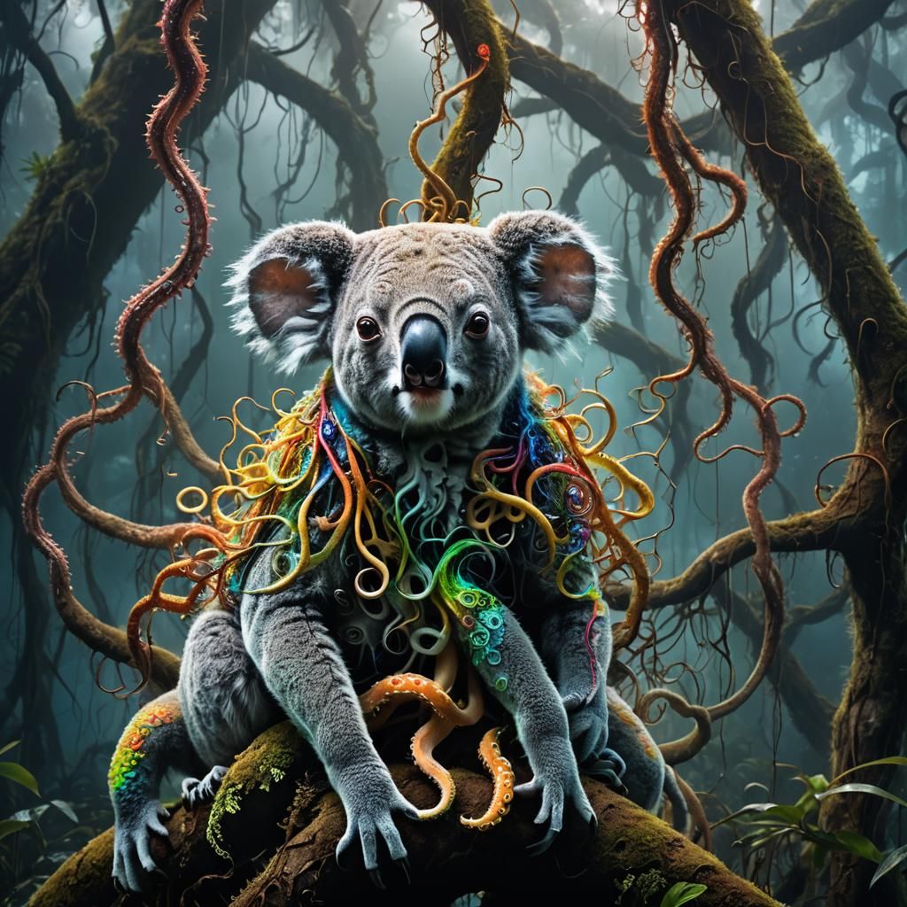 Mystical Koala-Octopus Transformation in Eerie Forest