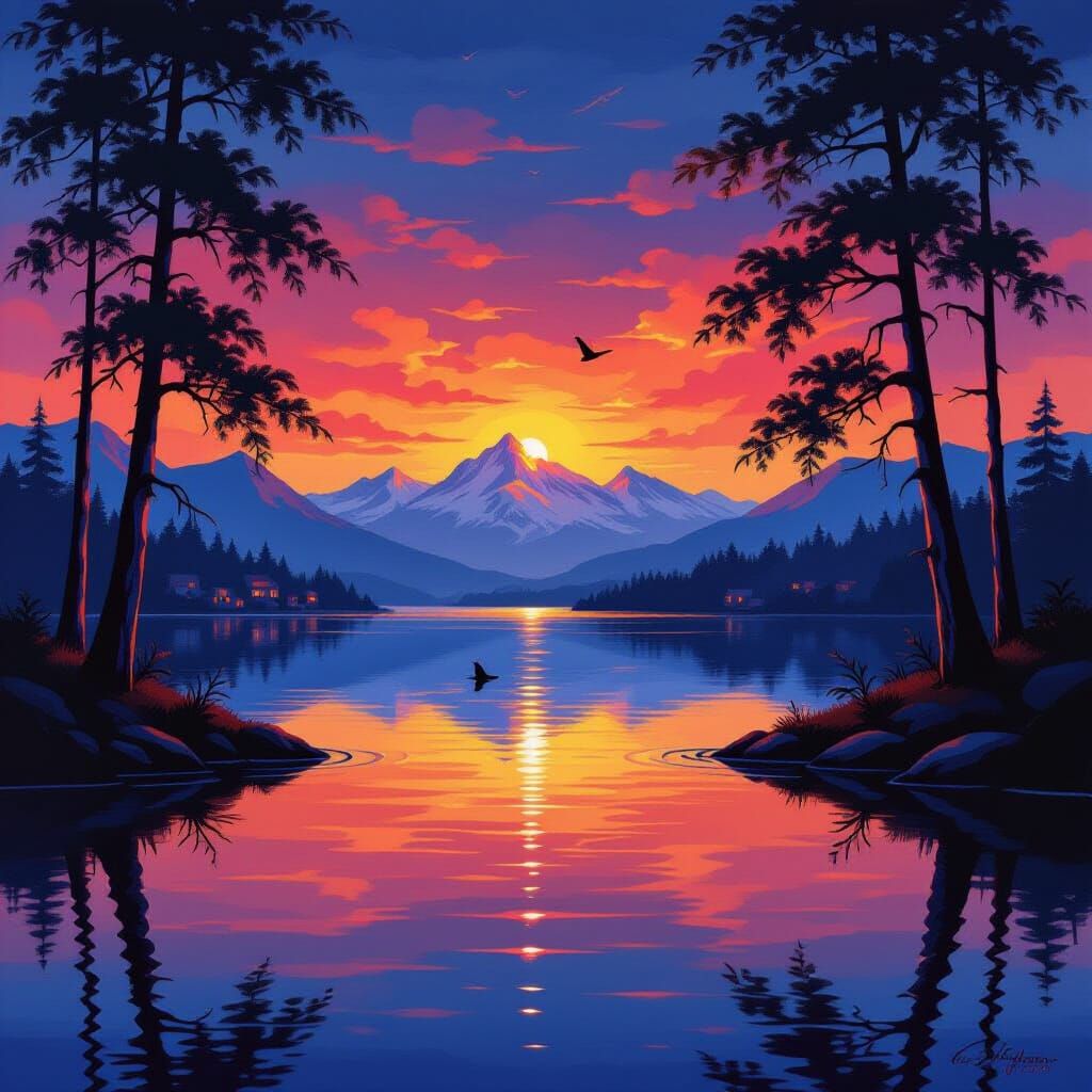 Tranquil Lakeside Sunset in Expressionist Style
