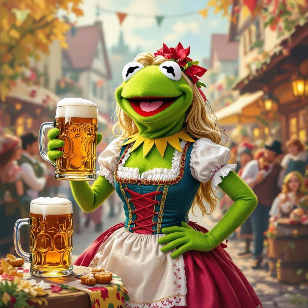 Oktoberfest: Female Kermit in Dirndl, Whimsical Style