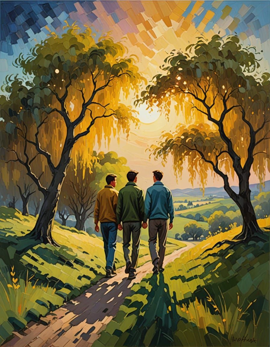 Romantic Couple Stroll Under Moonlit Willows, Oil Painting