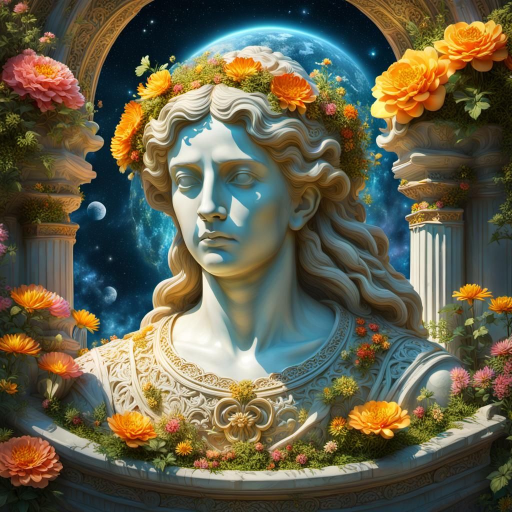 Floral Marble Statue Reflecting Space: Digital Matte Paintin...