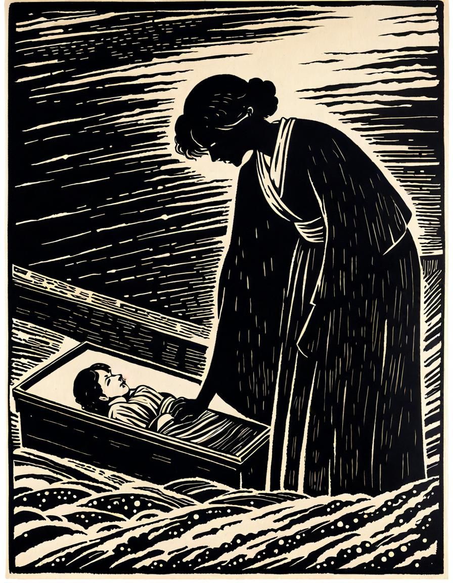 Vintage Wood cut Woman screaming looking down at casket with her child in it, (Expressionist woodcut print by Emil Nolde...