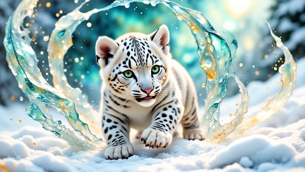 Enchanting Snow Leopard Cub in Whimsical Fantasy Landscape