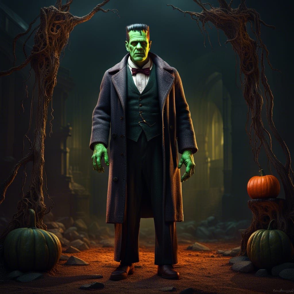 1930's Frankenstein, menacing, full body in frame, retro Halloween colors.