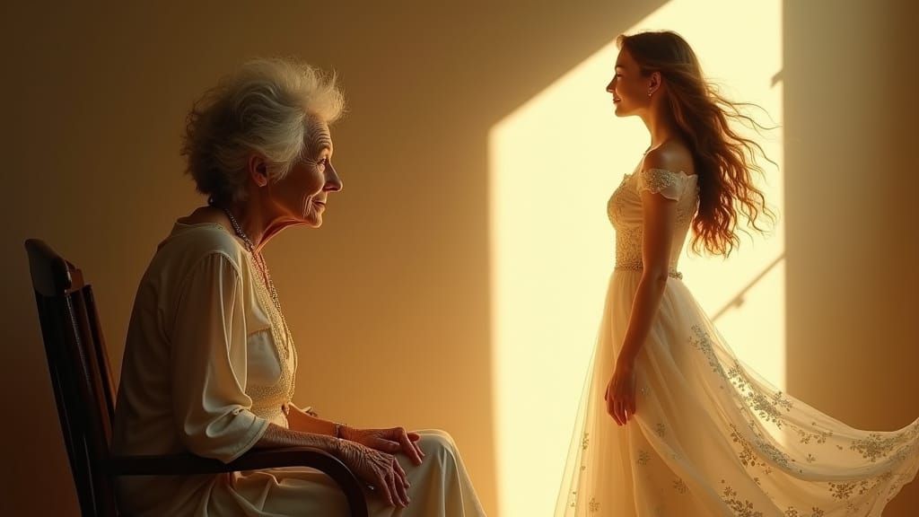 Elderly Woman Lost in Memories of Her Youthful Self