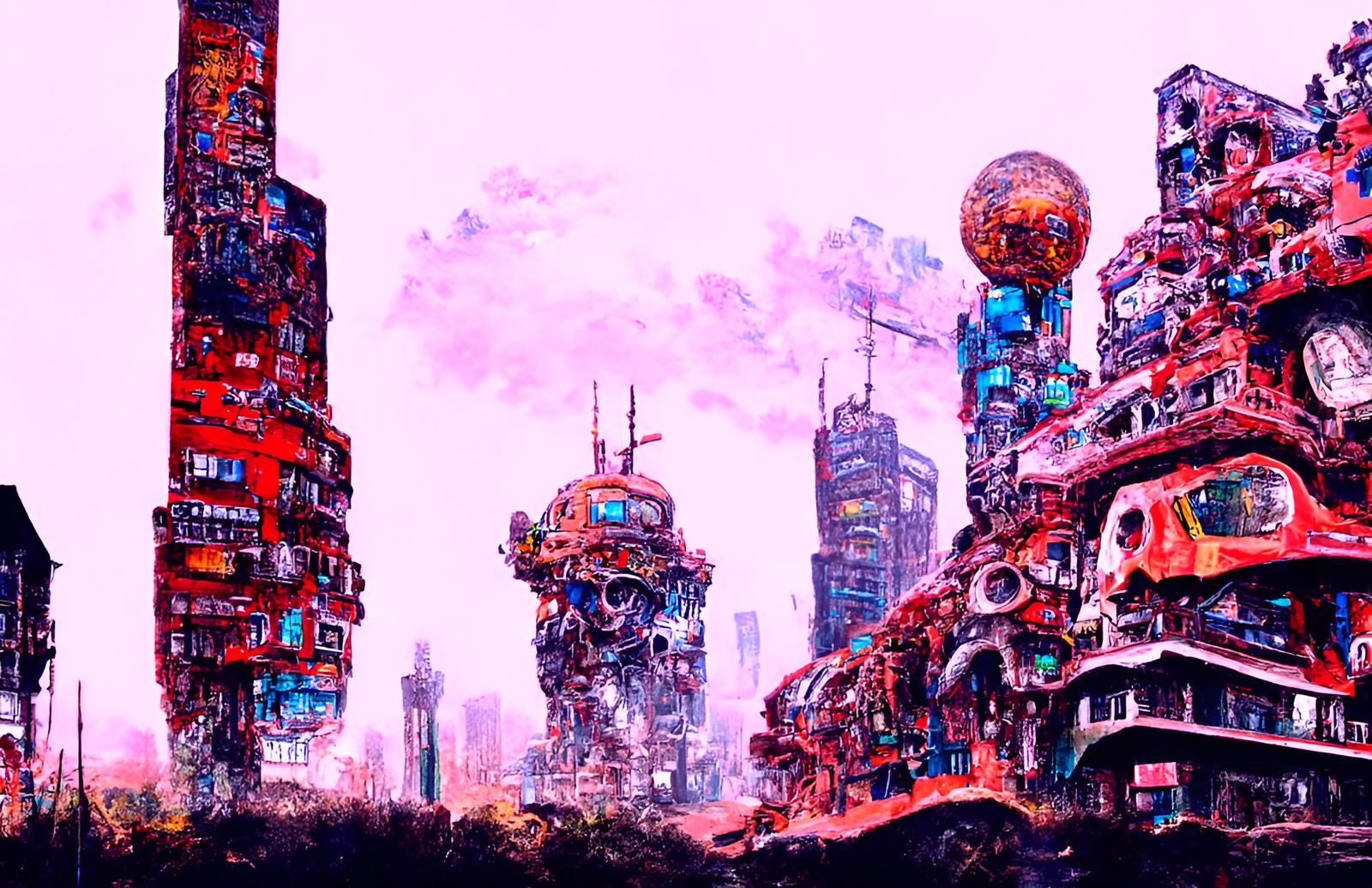 Dystopian Biopunk Cityscape in Steampunk Style
