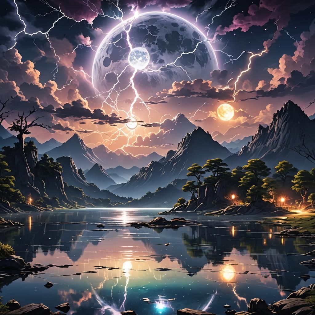 Cosmic Moonlit Lake with Lightning in Anime Style