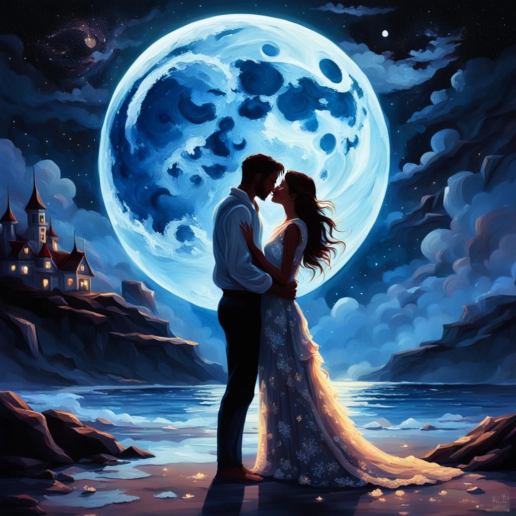 Romantic Honeymoon Kiss Under Moonlight: Fantasy Art