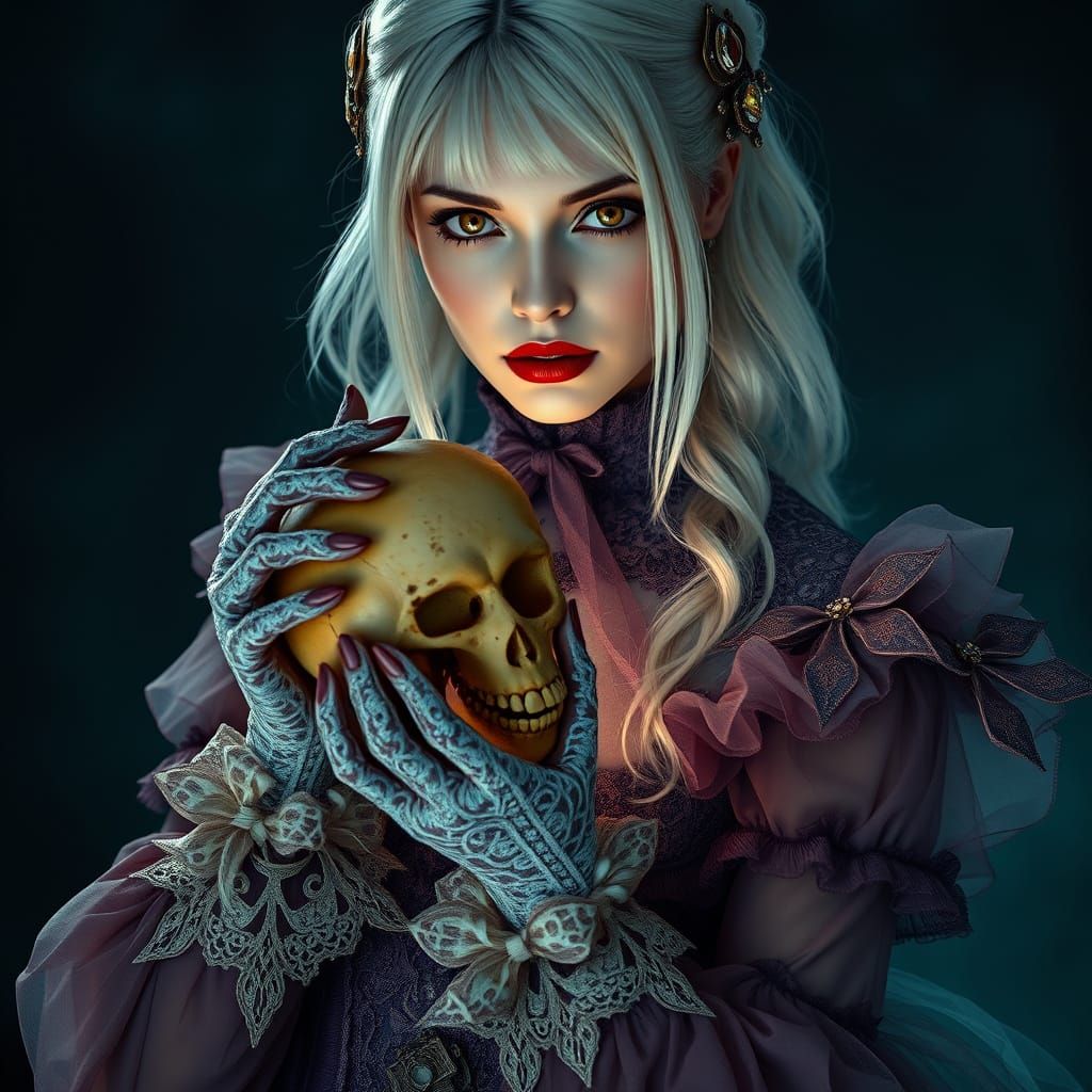 Ethereal Victorian Steampunk Goddess with Ancient Skull