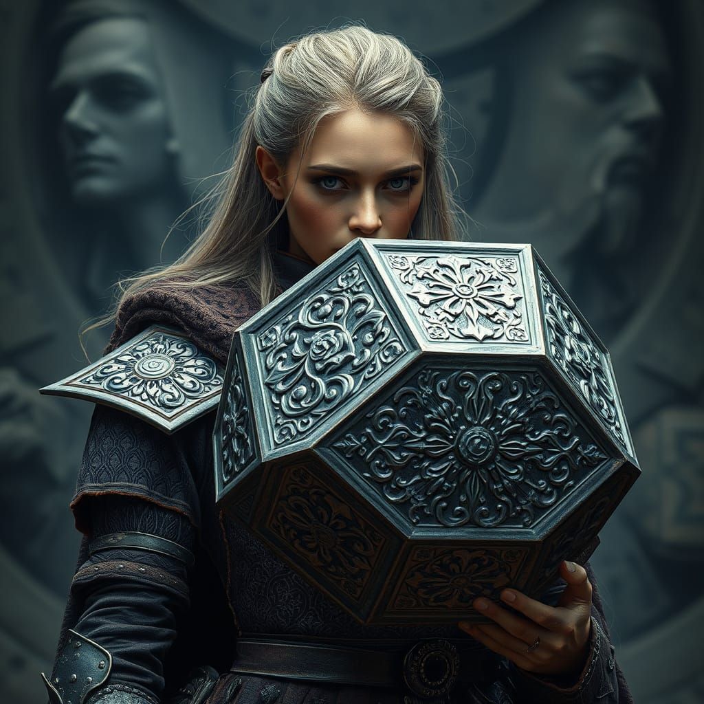 Exhausted Woman Warrior Guarding Octahedron in Sci-Fi Style