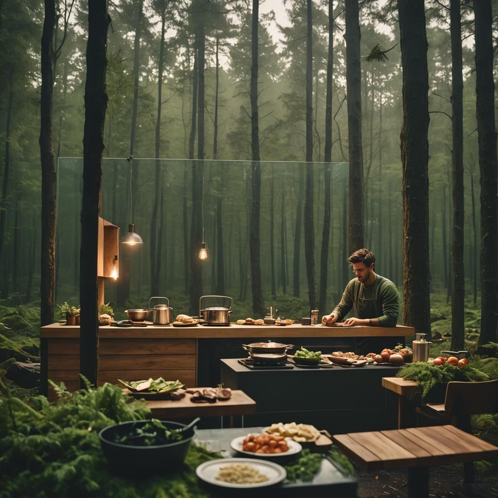 Cozy Kitchen in Dark Forest, Cinematic Still