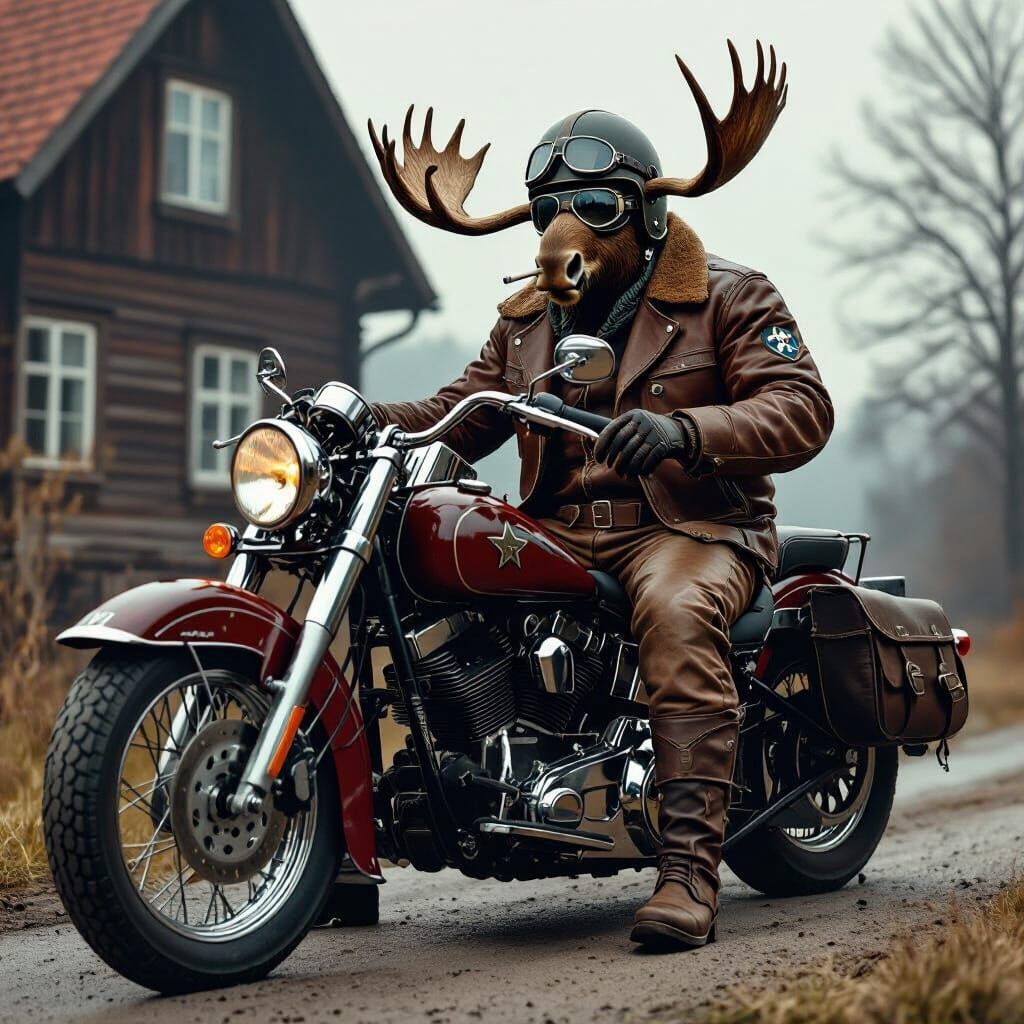 Moose Rider on Harley in Cinematic Style
