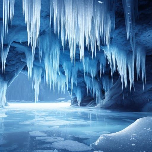 Frozen River in Ice Cave with Icicles