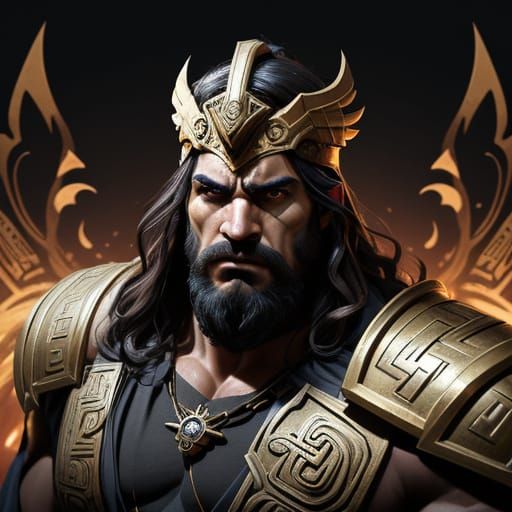 Mighty Greek God Hades, Muscular Warrior in Opulent Cave