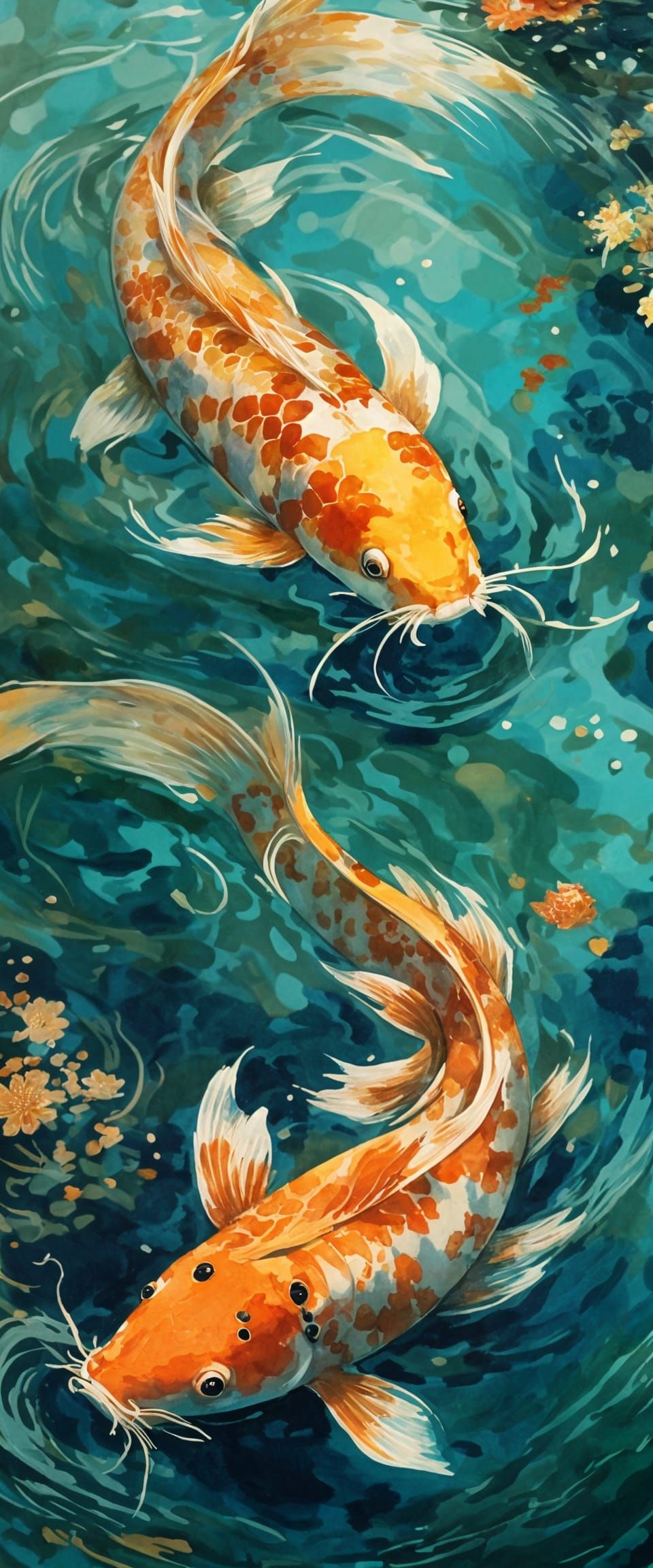 Koi Fish Swimming in Impressionistic Ukiyo-e Style