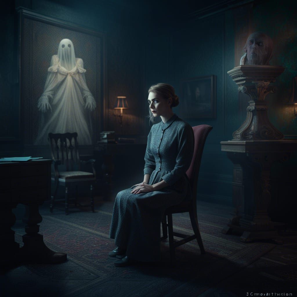 Eerie Ghostly Figure Behind a Woman, Detailed Matte Painting