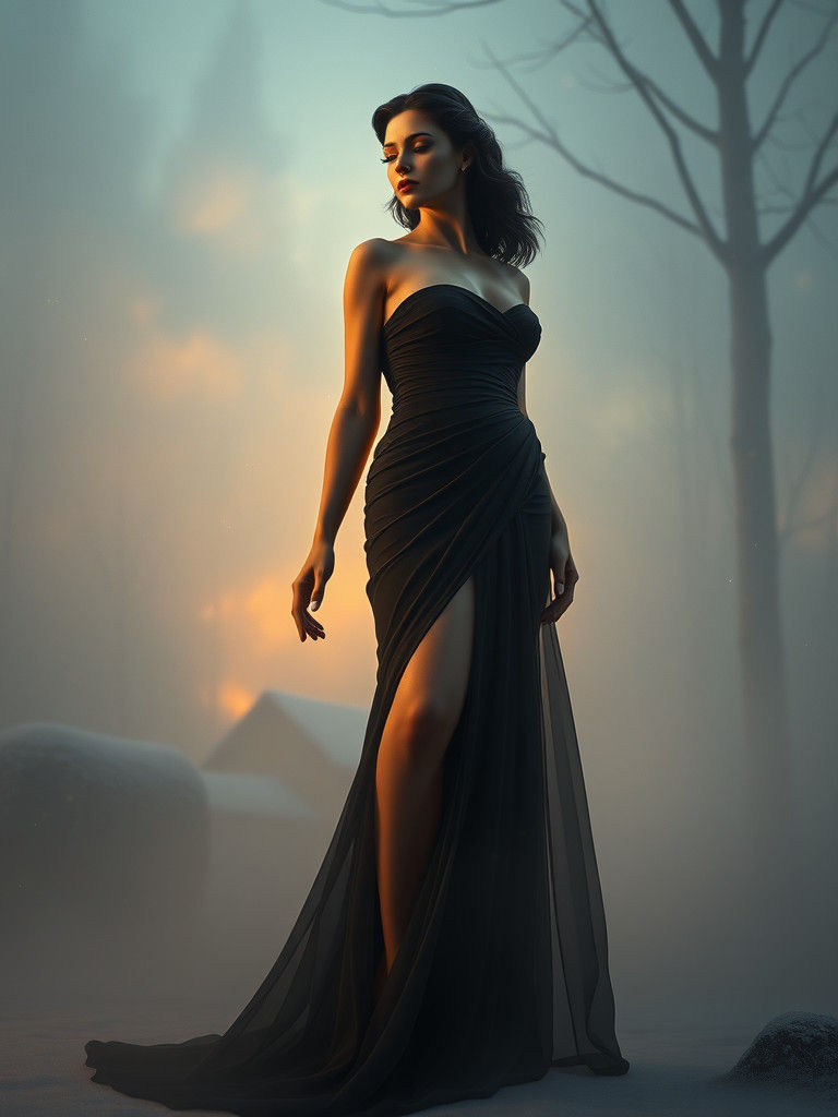 Aphrodite in Dior Gown in Mystical Winter Fog