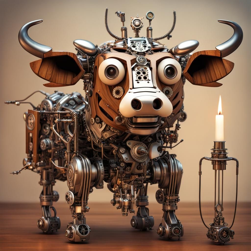 Steampunk Robotic Chinese Cow with Candle Eyes