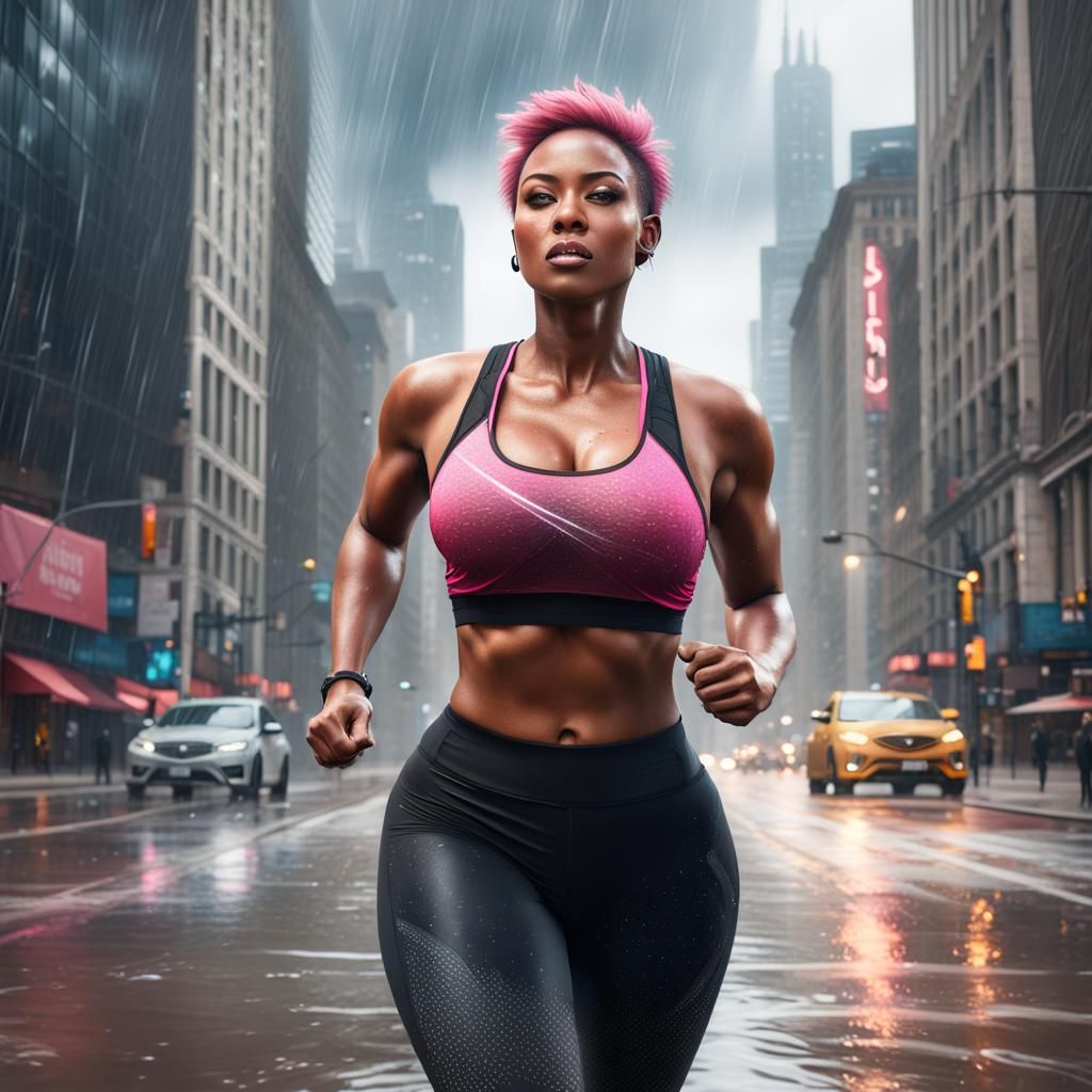 Woman Jogging in Rain, Detailed Matte Painting