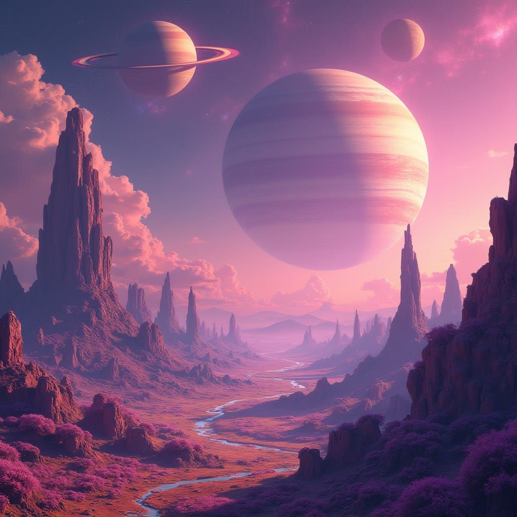 Surreal Cosmic Landscape with Planets and Dreamlike Earth