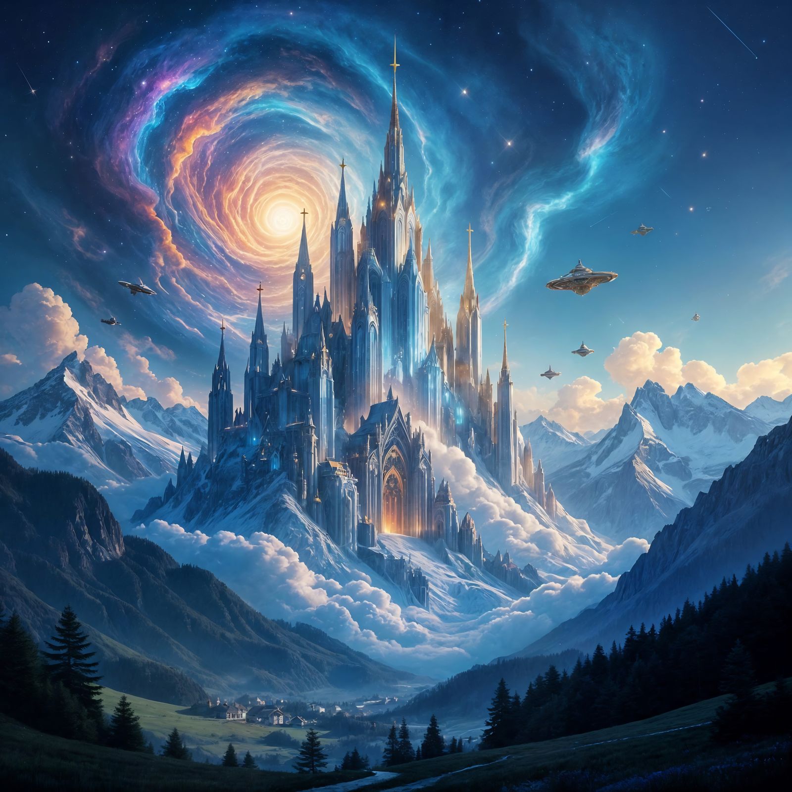 Cosmic Cathedral Amidst Nebulae and Crystal Peaks