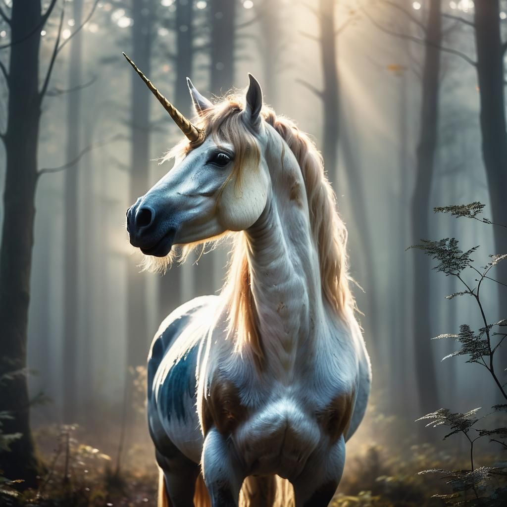 Unicorn in Misty Forest: Cinematic Close-Up