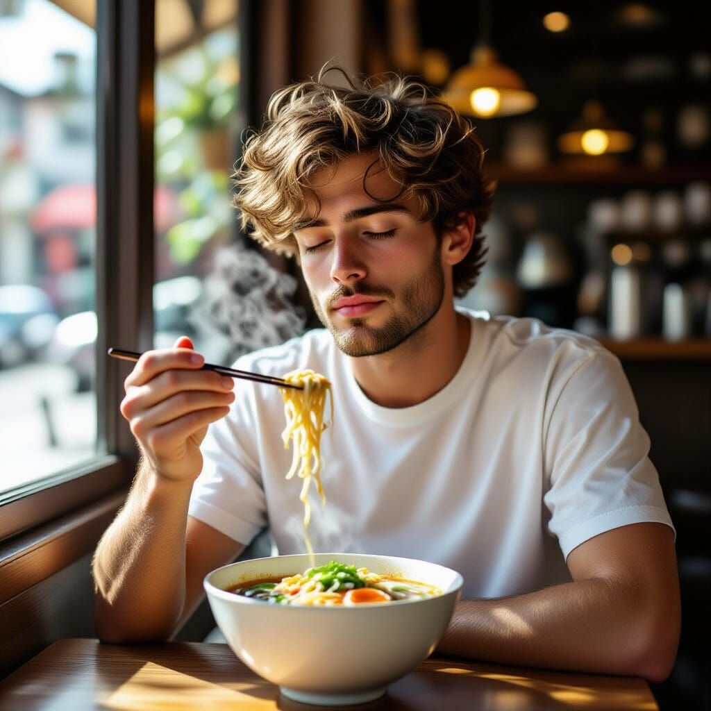 Young Man Savoring Ramen in Hyperrealistic Detail