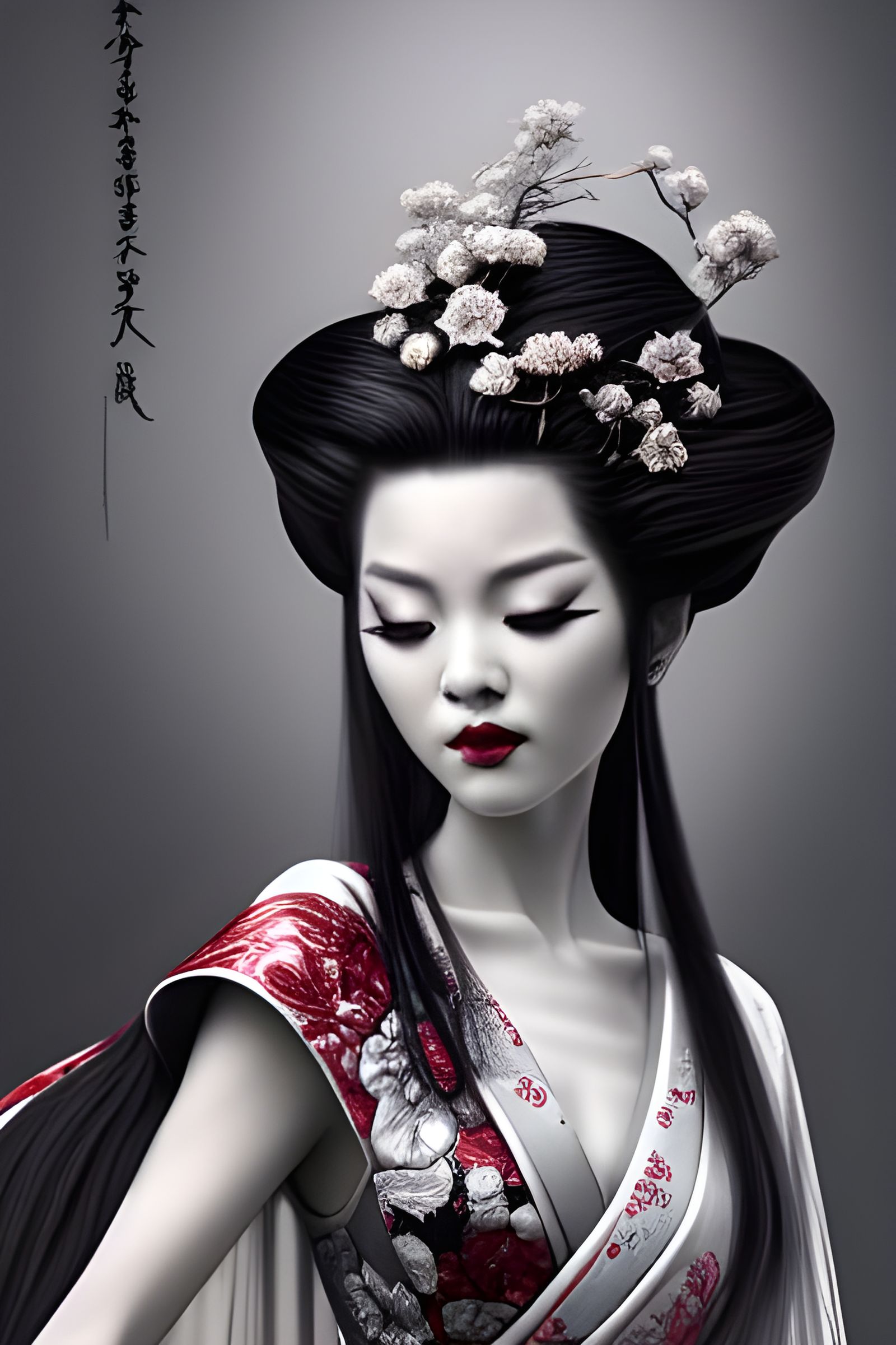 Geisha in Silver Gown with Cherry Flowers