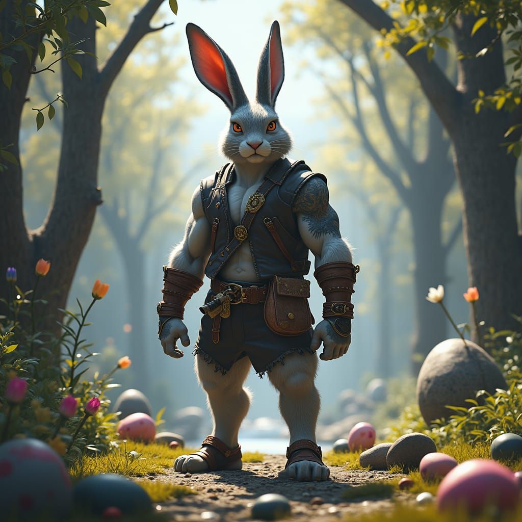 Cyberpunk Easter Bunny: Strong, Muscular, and Intimidating