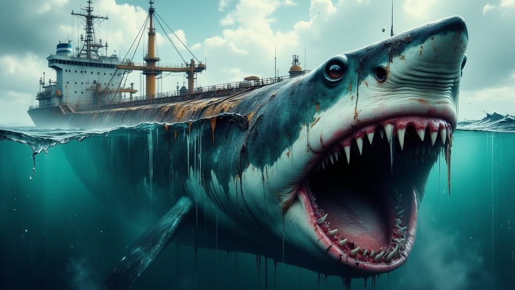 Submerged Oil Tanker Surrounded by Great White Shark