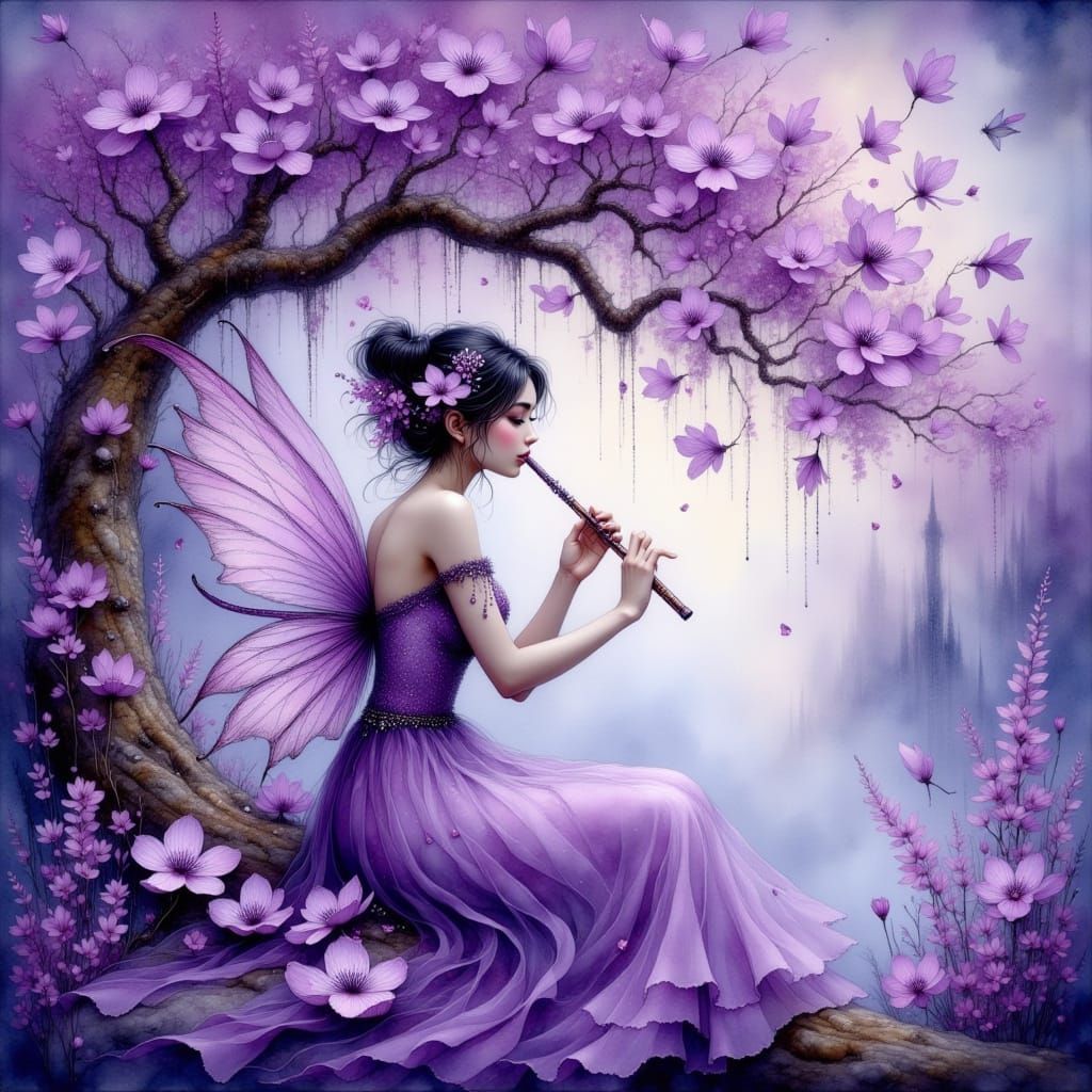 Lavender Fairy Playing Flute in Magical Forest