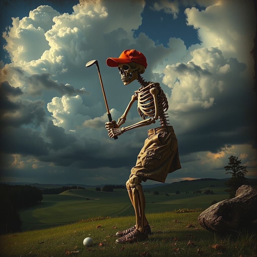 Skeletal Golfer in Storm, Durer-esque Woodcut