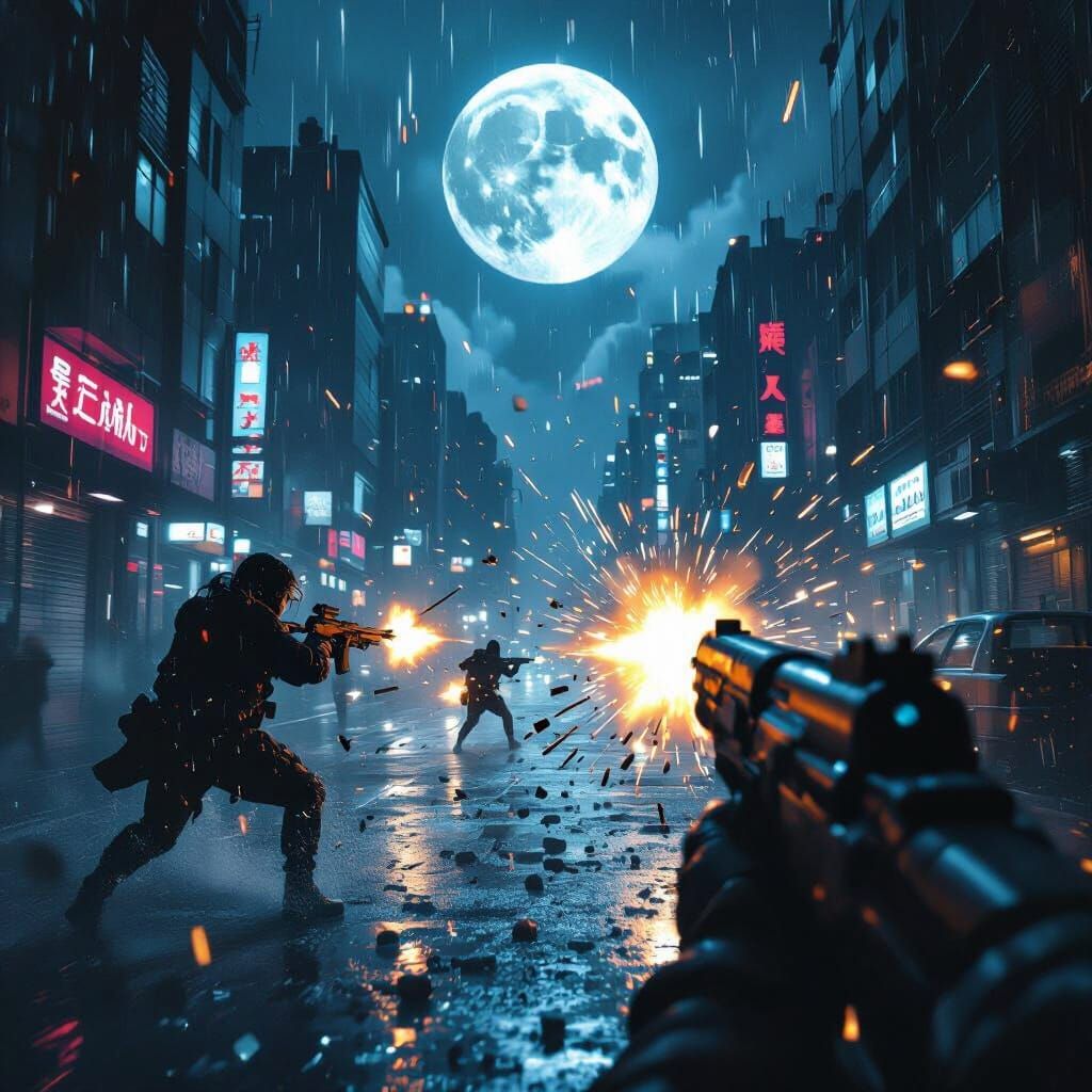 Intense Gunfight in Rainy City at Night