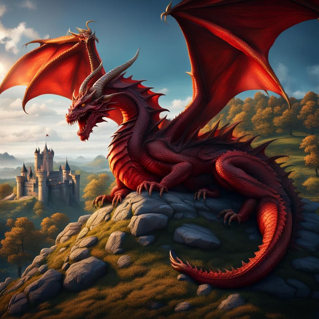 Red Dragon Sleeping in Sunlight, Fantasy Castle