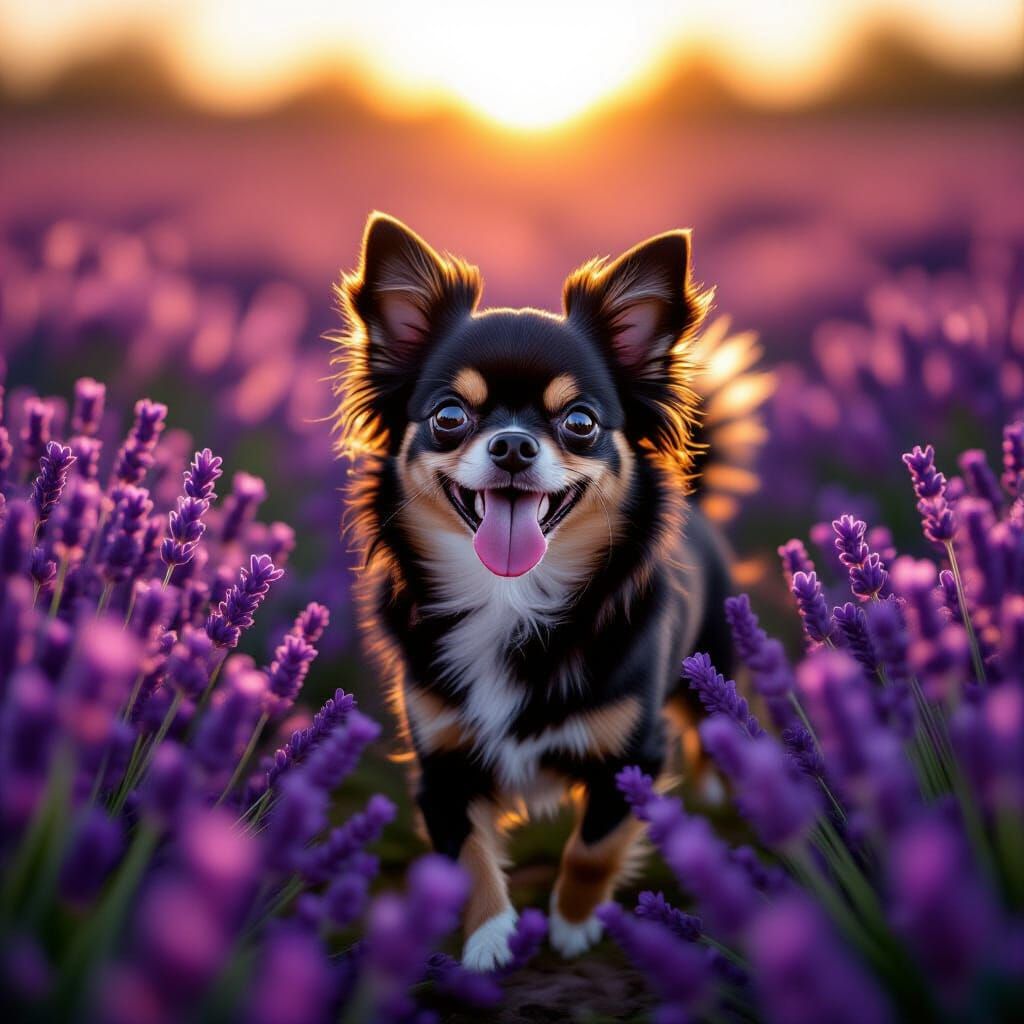 Realistic Black Chihuahua in Lavender Field at Golden Hour