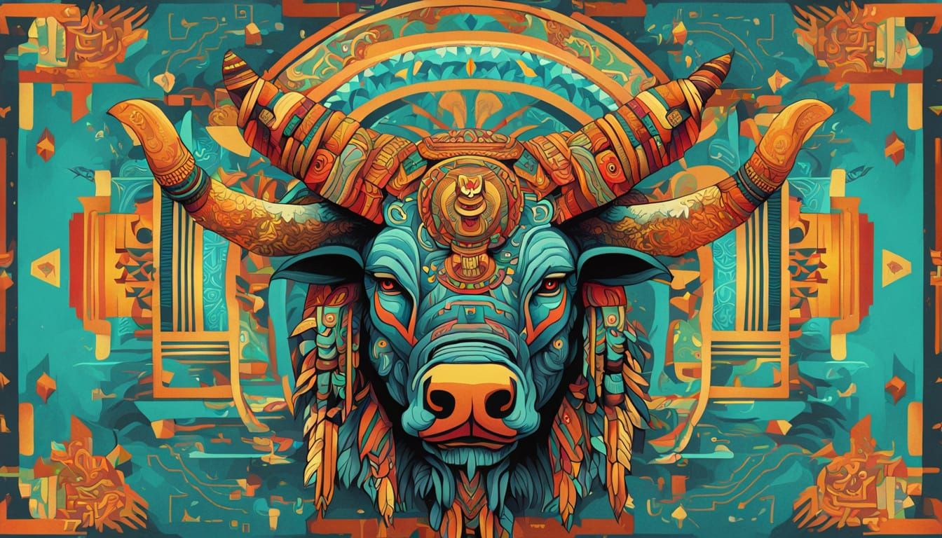 Psychedelic Bull Deity: Aztec and Mayan Inspired Illustratio...