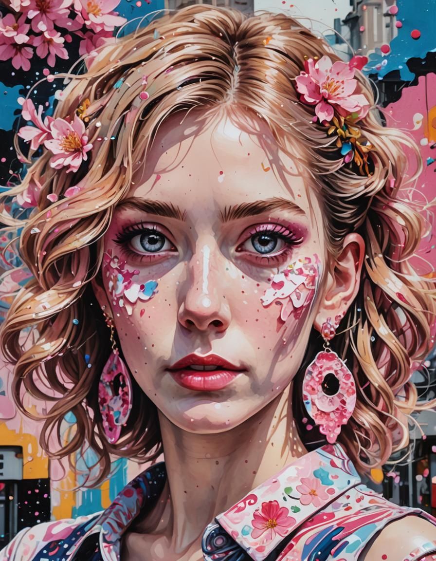 Vibrant Pointillism Portrait with Sakura Earrings