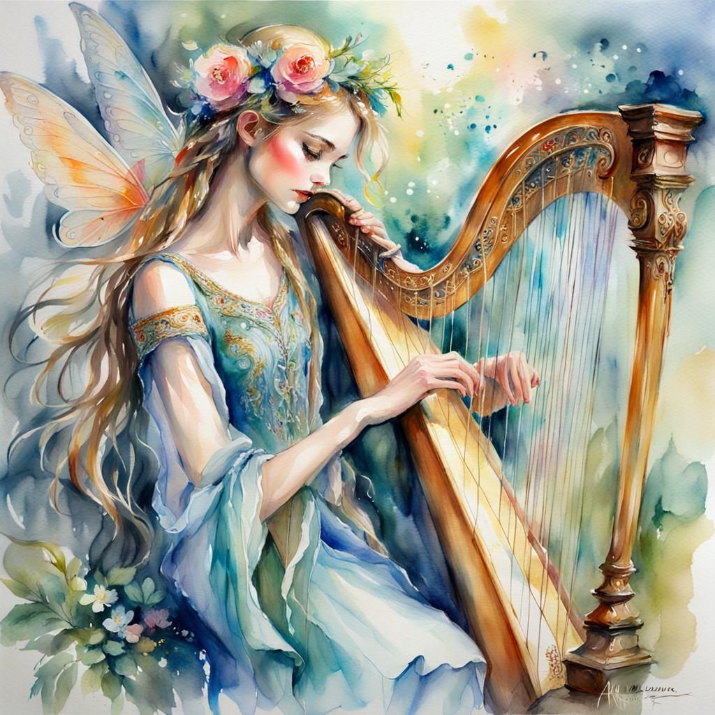 Shy Faerie Playing Harp in Watercolour Style