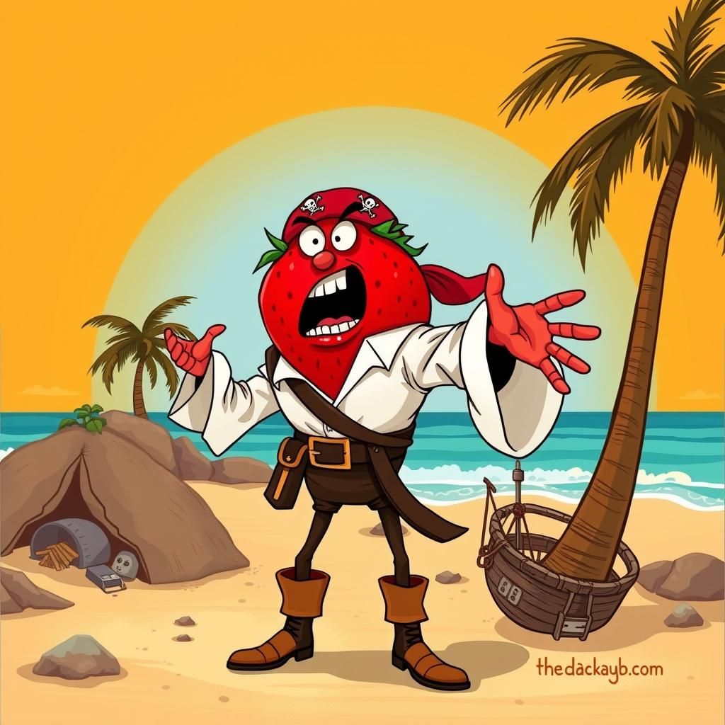 Pirate Strawberry Shouting on a Sunny Beach