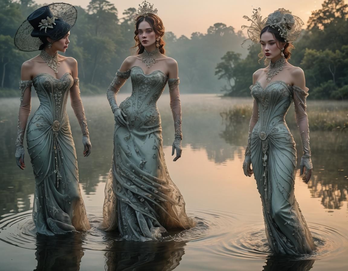 Glamorous Women Emerge from Misty Lake at Dawn