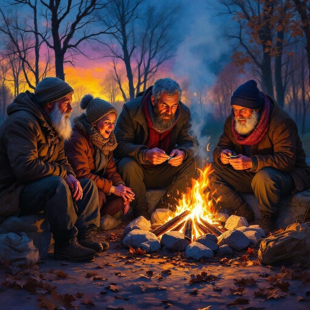 Warm Gathering of Homeless People: Hyperrealistic Impasto Pa...