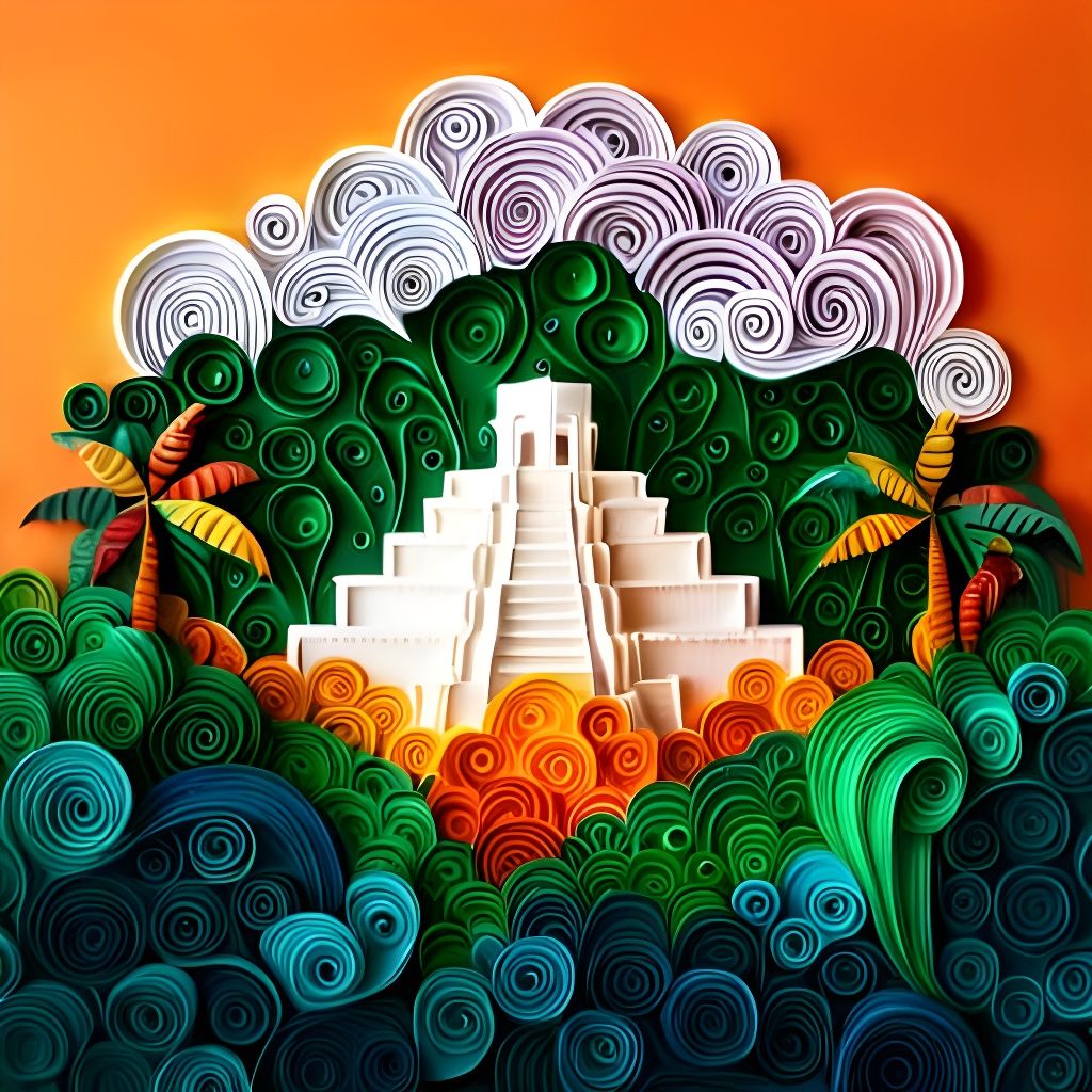 Sunset Over Ancient Maya Ruins in Paper Quilling