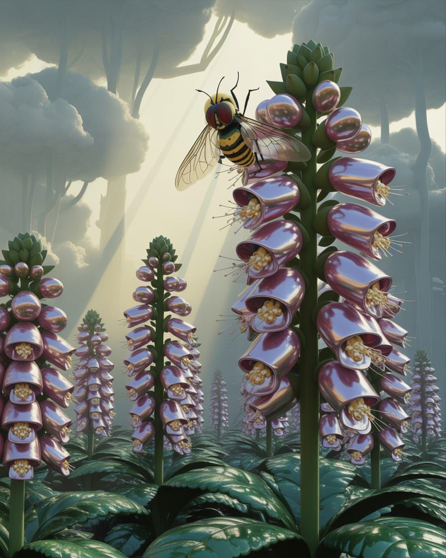 Surreal Chrome Garden with Robotic Bees, Art Nouveau Style