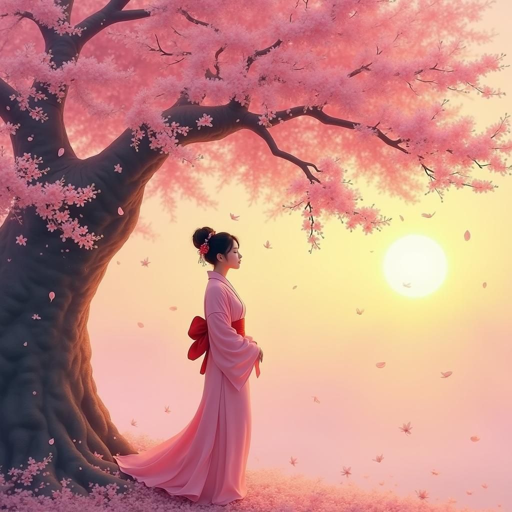 Kimono Woman Under Cherry Blossom Tree: Impressionistic Styl...
