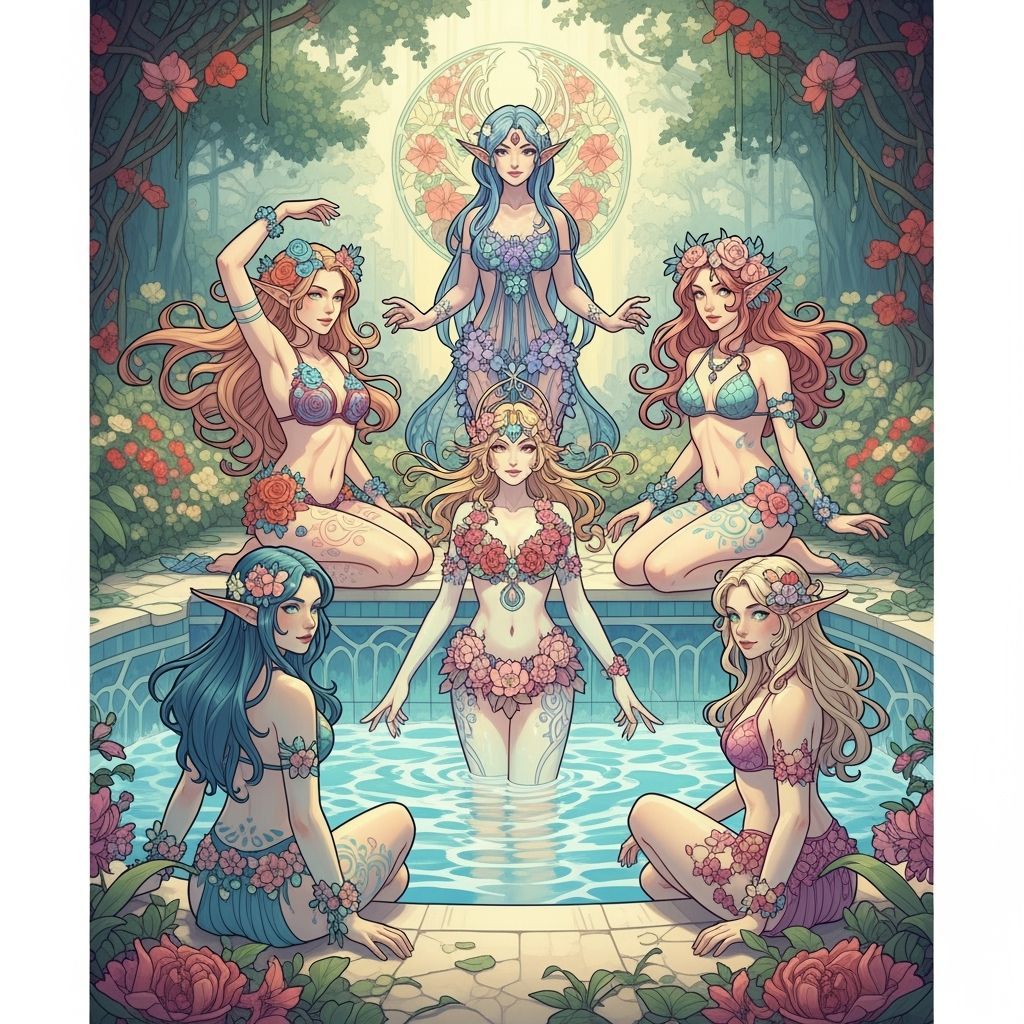 Elves in a Lush Garden: Art Nouveau Illustration