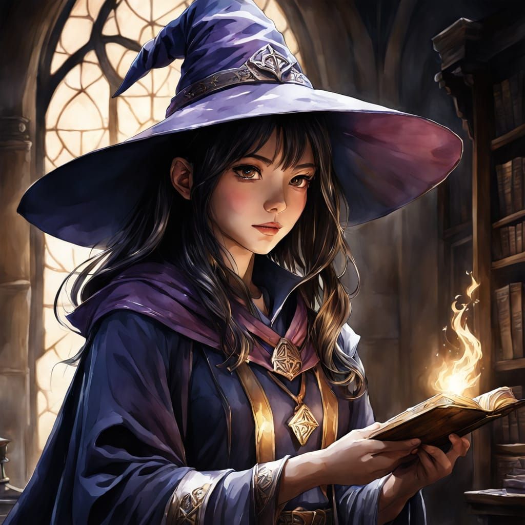 Anime Wizard Girl in Watercolor Chiaroscuro